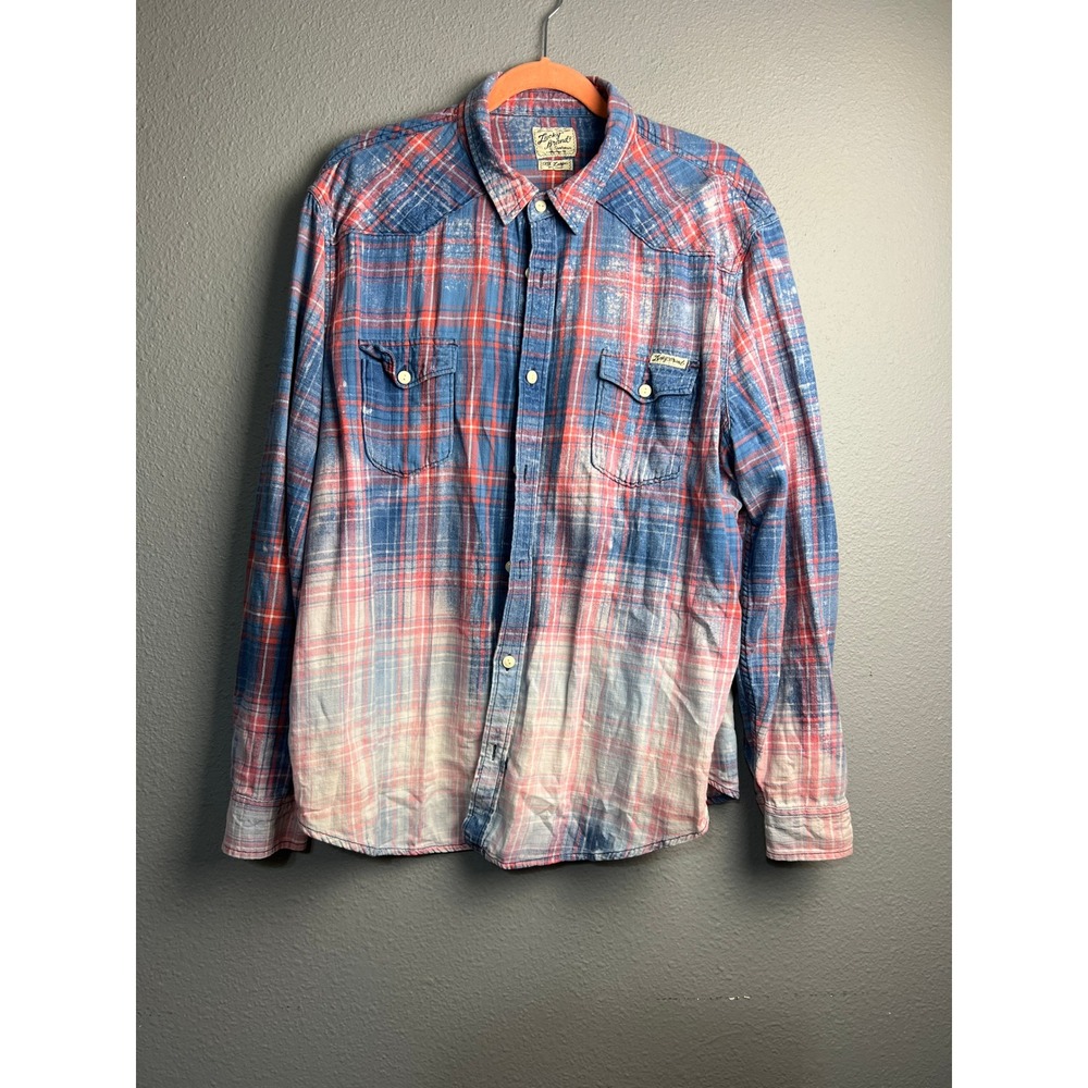 Lucky Brand XXL Western Plaid Flannel Shirt Acid Wash Ombre Blue Red Grunge